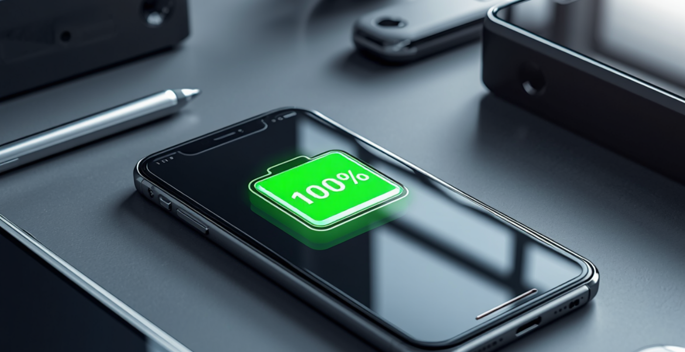 iPhone po wymianie baterii z zieloną ikoną pełnego naładowania na ekranie